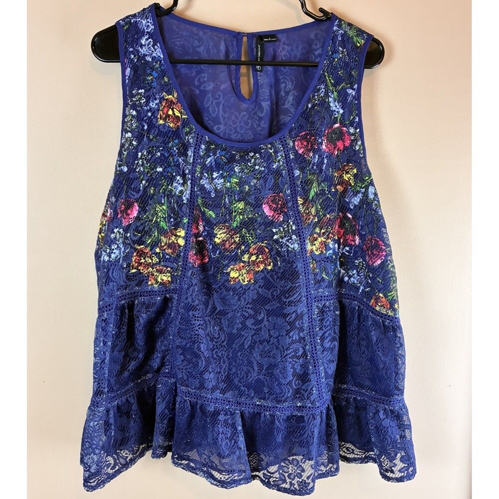 New Directions Womens Dark Purple Floral Lace Lined Sleeveless Top Size L